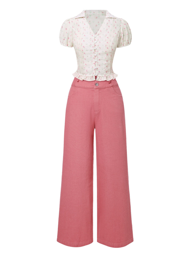 2PCS Pink 1950s Tulip Blouse & Rose Button Pants - vintage fashion, retro style
