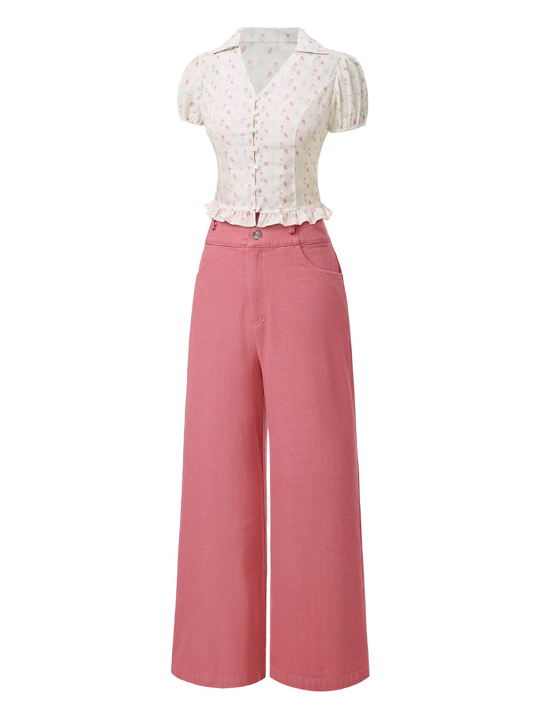 2PCS Pink 1950s Tulip Blouse & Rose Button Pants - vintage fashion, retro style