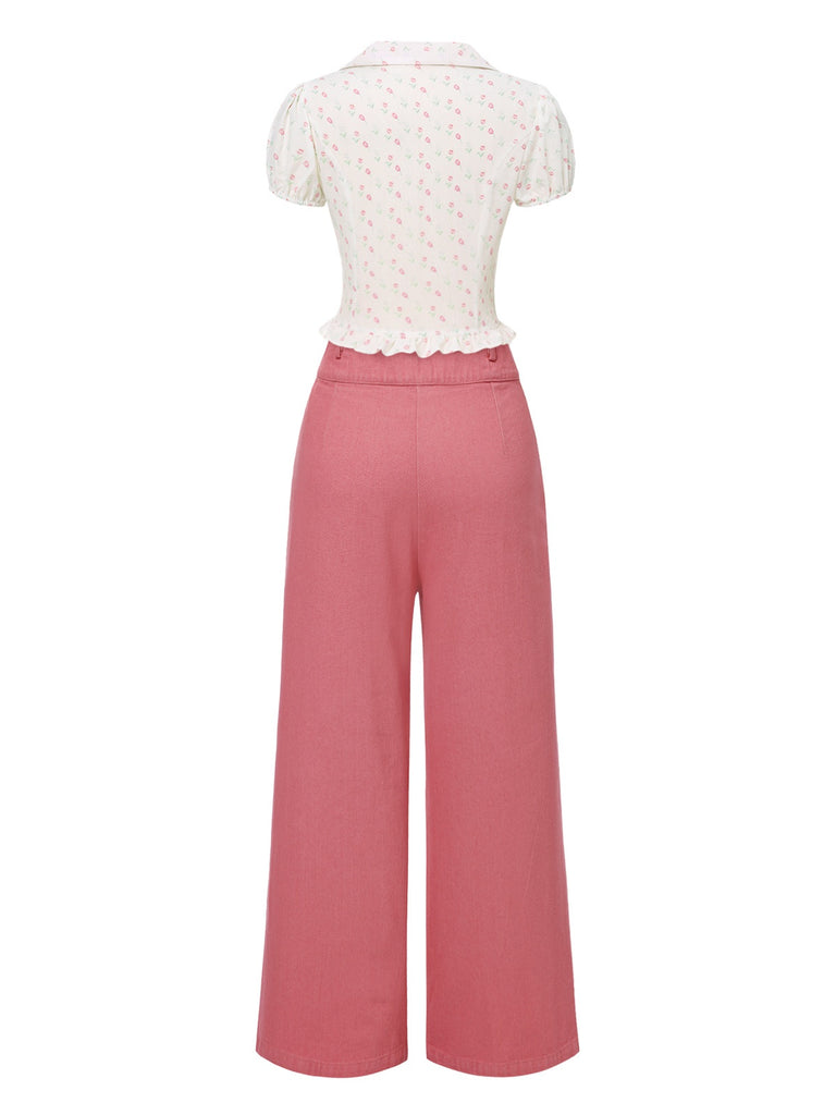 2PCS Pink 1950s Tulip Blouse & Rose Button Pants - vintage fashion, retro style