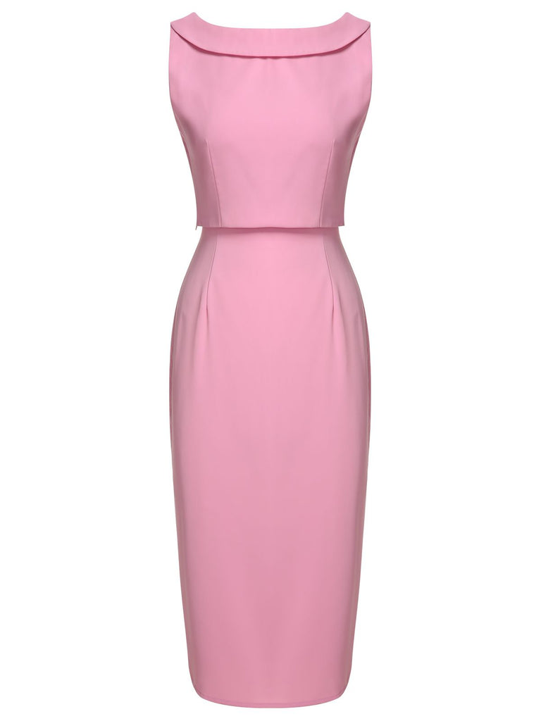 2PCS Pink 1960s Lapel Bowknot Blouse & Solid Spaghetti Strap Dress, vintage dress, retro fashion - perfect for women who love vintage and retro fashion