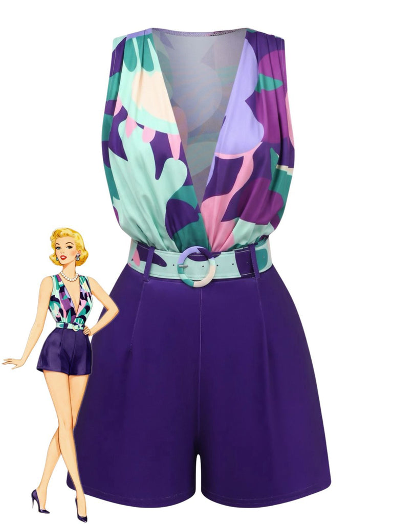 2PCS Purple 1970s Geometric Print Vest & Shorts, vintage fashion, retro style - perfect for women who love vintage and retro fashion