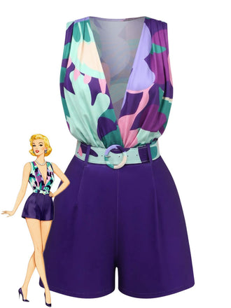 2PCS Purple 1970s Geometric Print Vest & Shorts, vintage fashion, retro style - perfect for women who love vintage and retro fashion