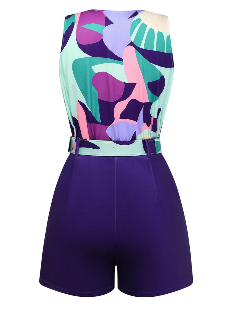 2PCS Purple 1970s Geometric Print Vest & Shorts, vintage fashion, retro style - perfect for women who love vintage and retro fashion