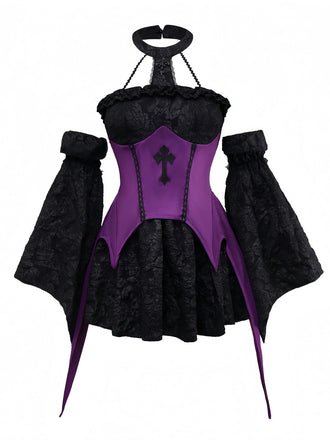 2PCS Purple 1980s Gothic Cross Witch Top & Skirt - vintage skirt, retro style