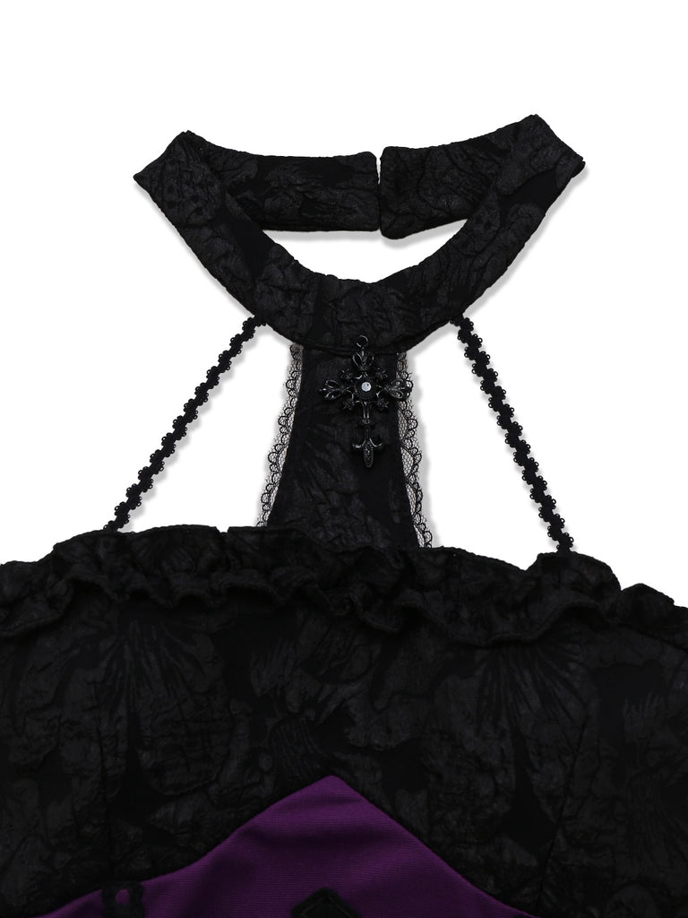 2PCS Purple 1980s Gothic Cross Witch Top & Skirt - vintage skirt, retro style