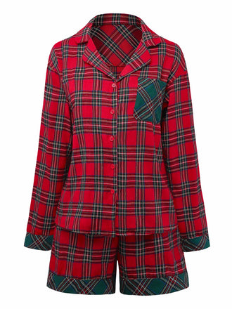 2PCS Red 1930s Christmas Plaid Pajama Set - vintage fashion, retro style, elegant red
