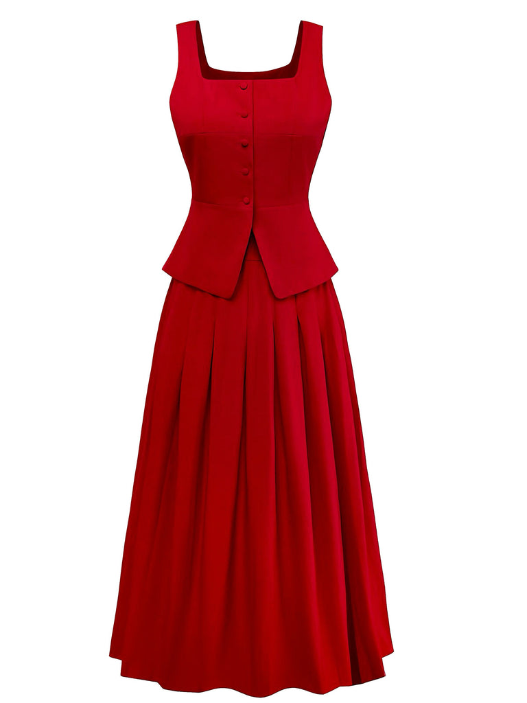 2PCS Red 1940s Square Neck Sleeveless Vest & Skirt - vintage skirt, retro style, elegant red
