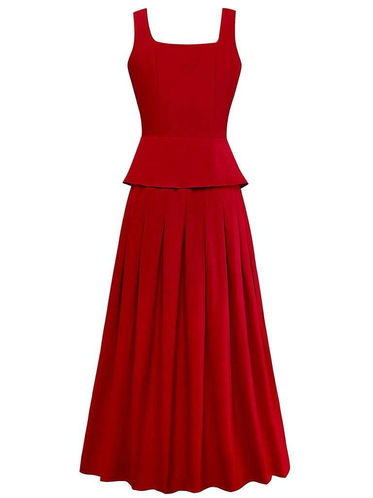 2PCS Red 1940s Square Neck Sleeveless Vest & Skirt - vintage skirt, retro style, elegant red