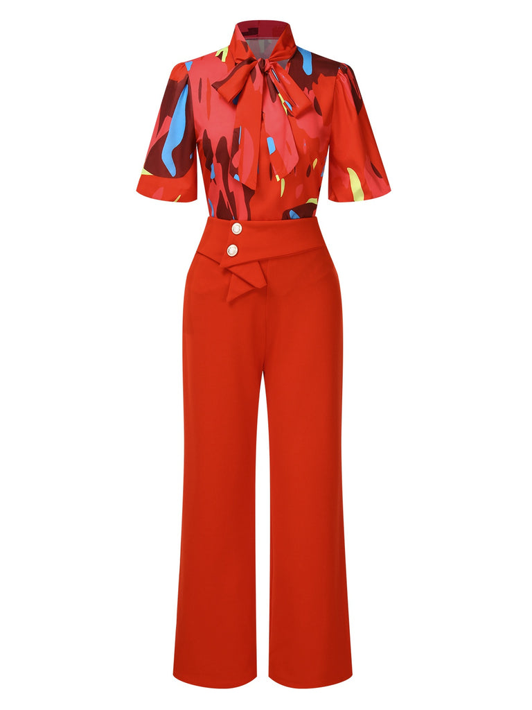 2PCS Red 1950s Abstract Prints Blouse & Solid Pants, vintage top, retro blouse - perfect for women who love vintage and retro fashion