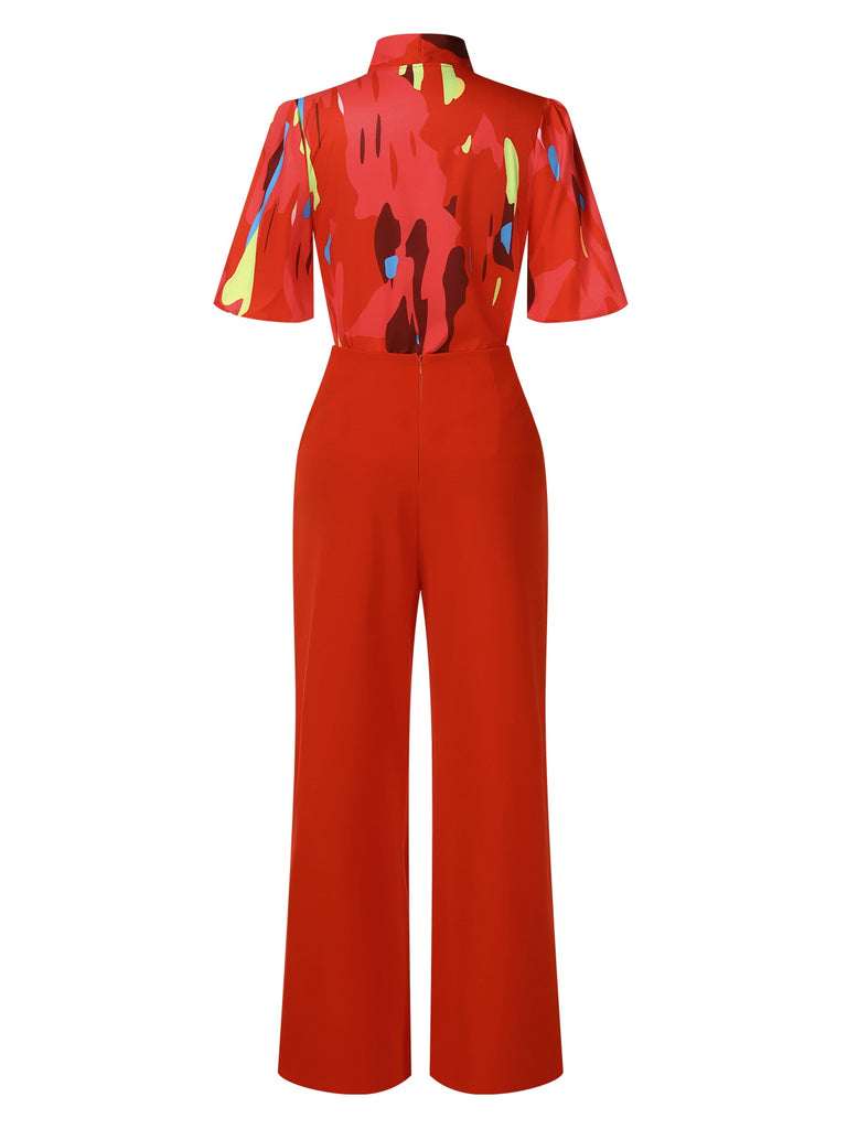2PCS Red 1950s Abstract Prints Blouse & Solid Pants, vintage top, retro blouse - perfect for women who love vintage and retro fashion