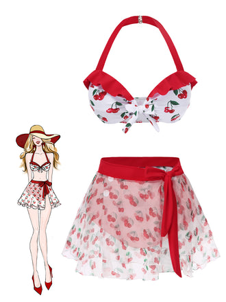 2PCS Red 1950s Cherry Bikini & Tie-Waist Cover up - vintage fashion, retro style, elegant red