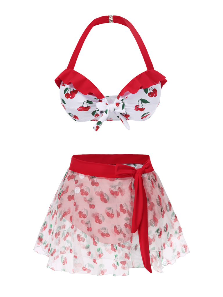 2PCS Red 1950s Cherry Bikini & Tie-Waist Cover up - vintage fashion, retro style, elegant red