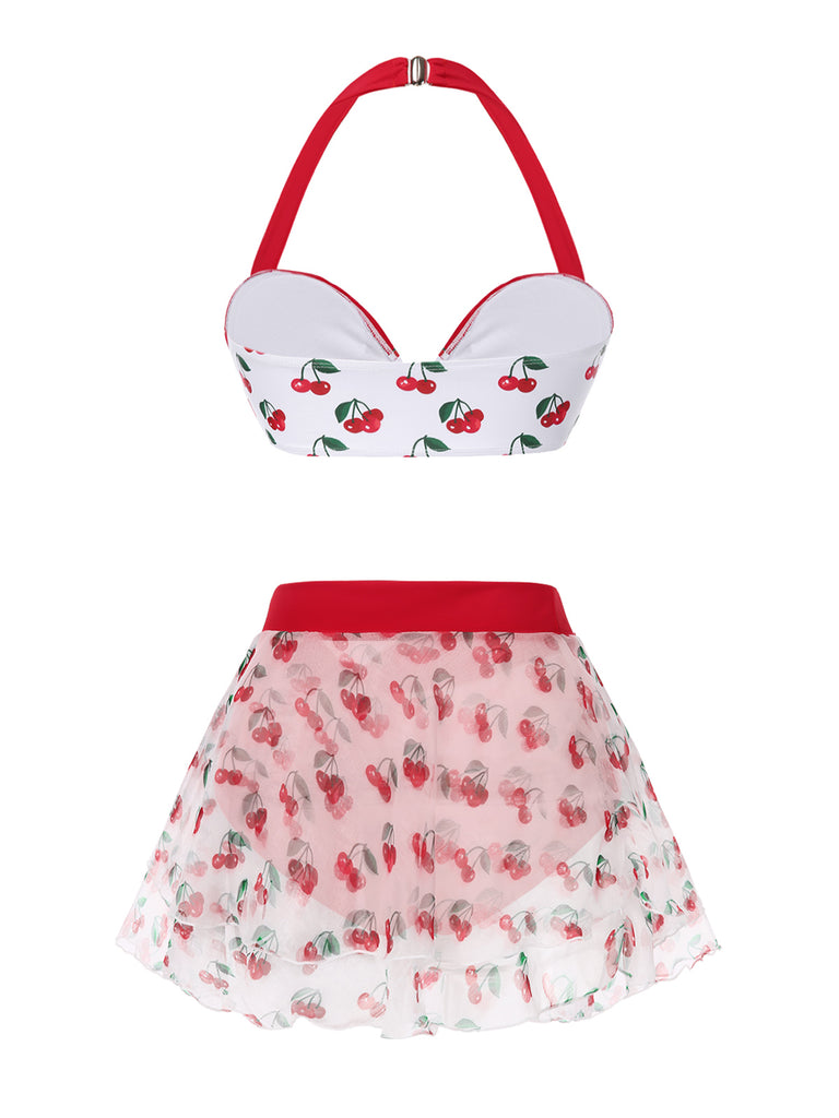 2PCS Red 1950s Cherry Bikini & Tie-Waist Cover up - vintage fashion, retro style, elegant red