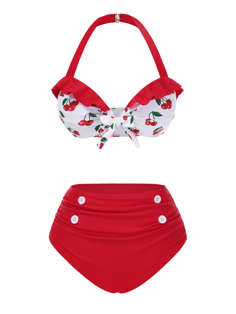 2PCS Red 1950s Cherry Bikini & Tie-Waist Cover up - vintage fashion, retro style, elegant red