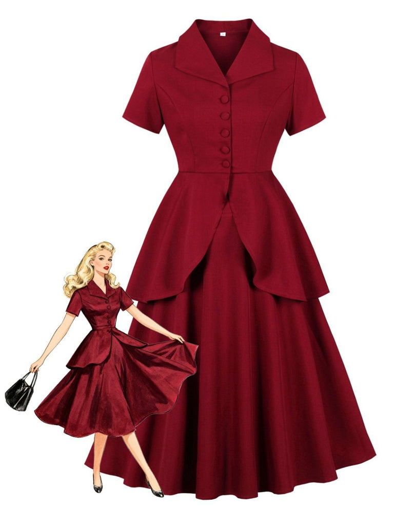 2PCS Red 1950s Solid Ruffled Button Top & Skirt - vintage skirt, retro style, elegant red