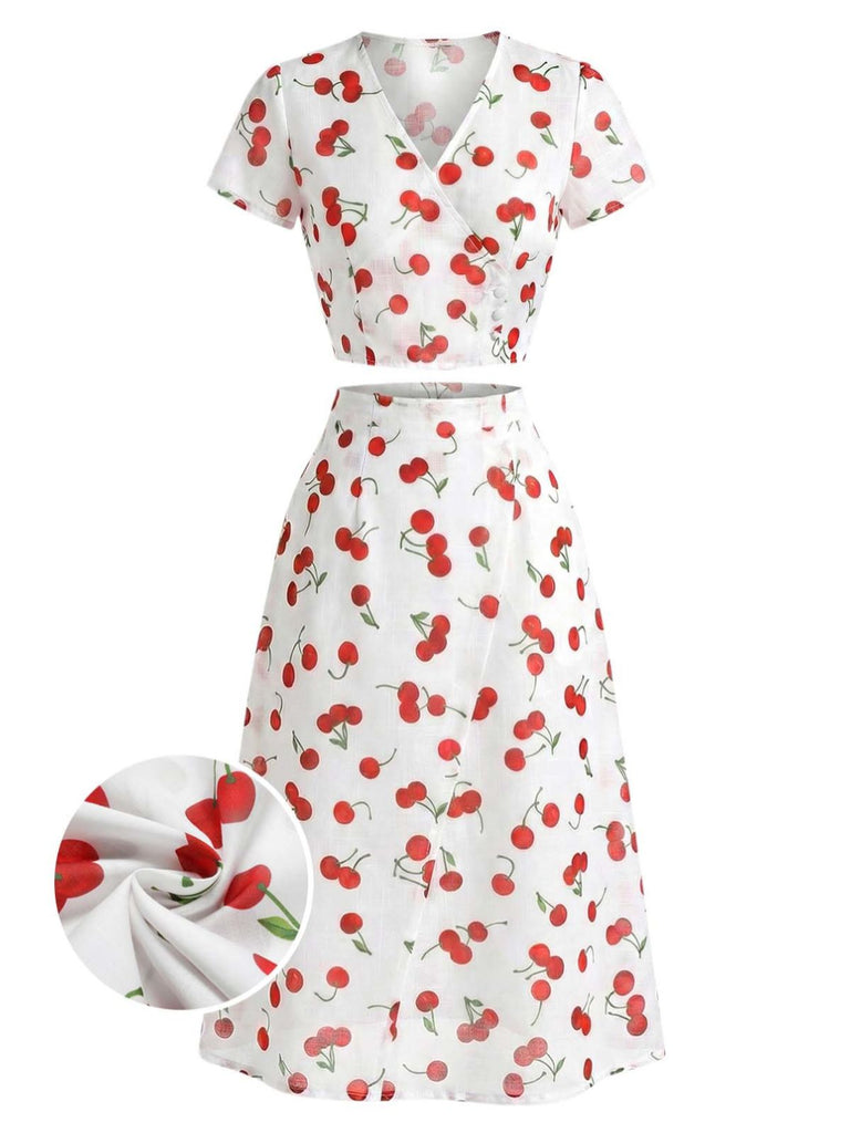 2PCS Red 1960s Cherry V-Neck Crop Top & Skirt - vintage skirt, retro style for vintage lovers