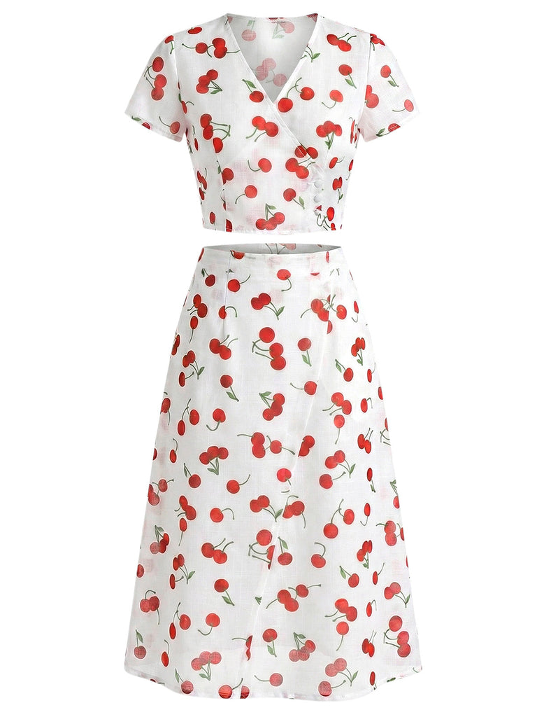 2PCS Red 1960s Cherry V-Neck Crop Top & Skirt - vintage skirt, retro style for vintage lovers