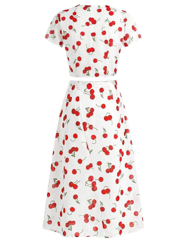 2PCS Red 1960s Cherry V-Neck Crop Top & Skirt - vintage skirt, retro style for vintage lovers
