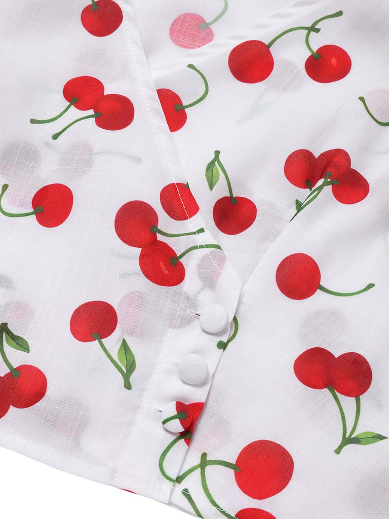 2PCS Red 1960s Cherry V-Neck Crop Top & Skirt - vintage skirt, retro style for vintage lovers