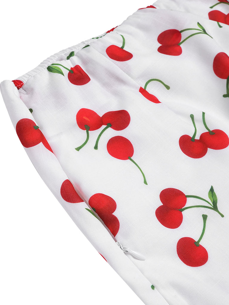 2PCS Red 1960s Cherry V-Neck Crop Top & Skirt - vintage skirt, retro style for vintage lovers