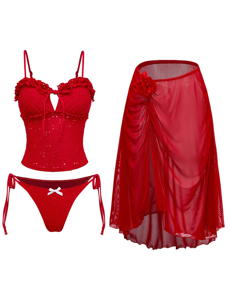 2PCS Red 1960s Cutout Ruffled Tankini Set & Cover-Up - vintage fashion, retro style, elegant red