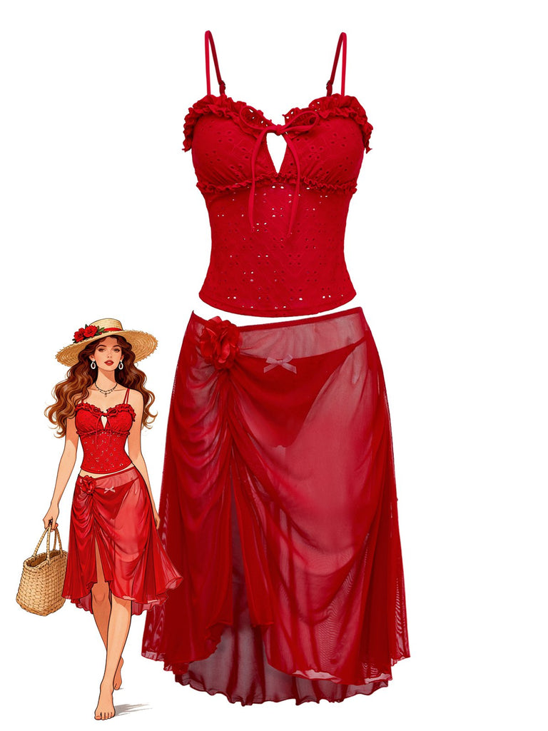 2PCS Red 1960s Cutout Ruffled Tankini Set & Cover-Up - vintage fashion, retro style, elegant red