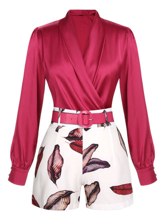 2PCS Red Solid V-Neck Shirts &  Plants Belt Shorts: timeless style reimagined