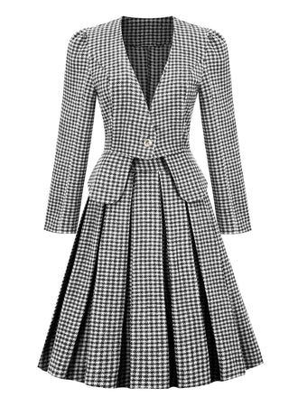 2PCS Retro Plaid Blazer & Panel Skirt: timeless style reimagined