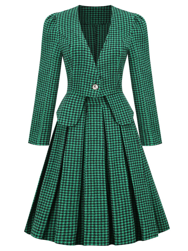 2PCS Black Retro Plaid Blazer & Panel Skirt, vintage skirt, retro style - perfect for women who love vintage and retro fashion