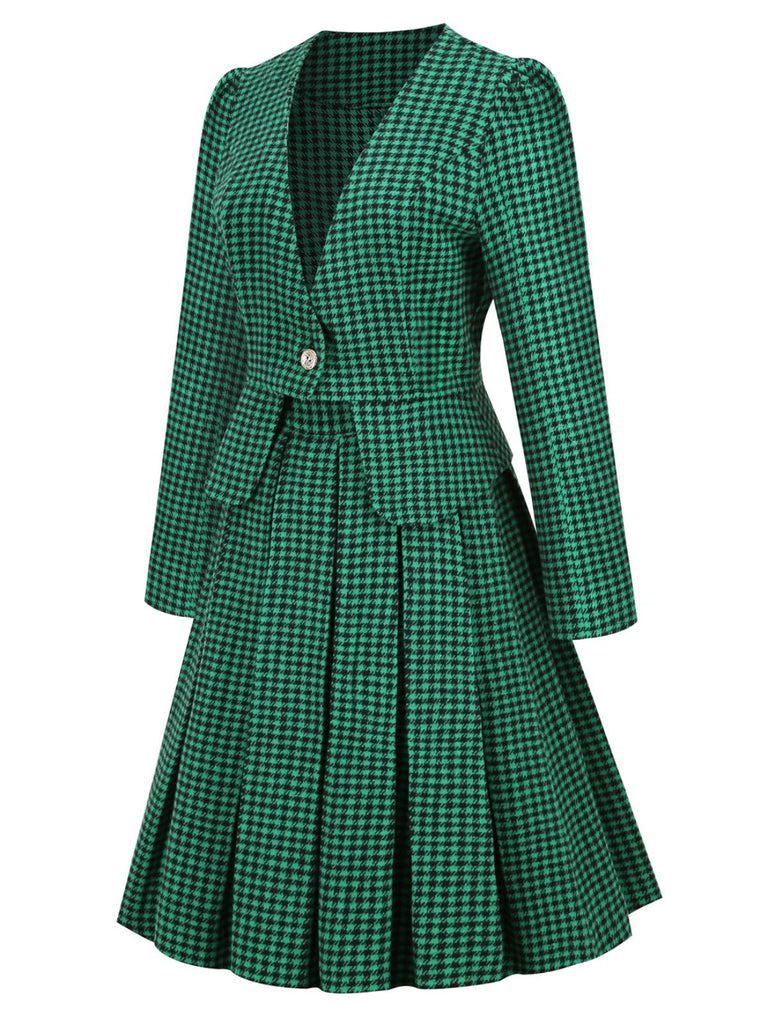 2PCS Black Retro Plaid Blazer & Panel Skirt, vintage skirt, retro style - perfect for women who love vintage and retro fashion