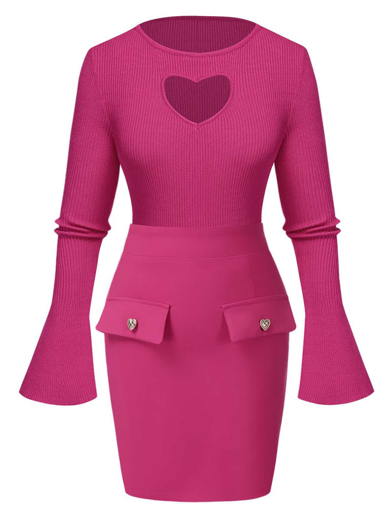 She sways in this 2PCS Rose Red 1970s Heart Cutout Sweater & Solid Skirt and it's pure 1970s magic