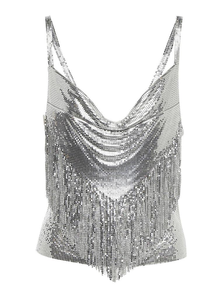 2PCS Silver 1980s Sequined Suspender Tassel Top & Skirt: a 1980s classic that whispers rather than shouts