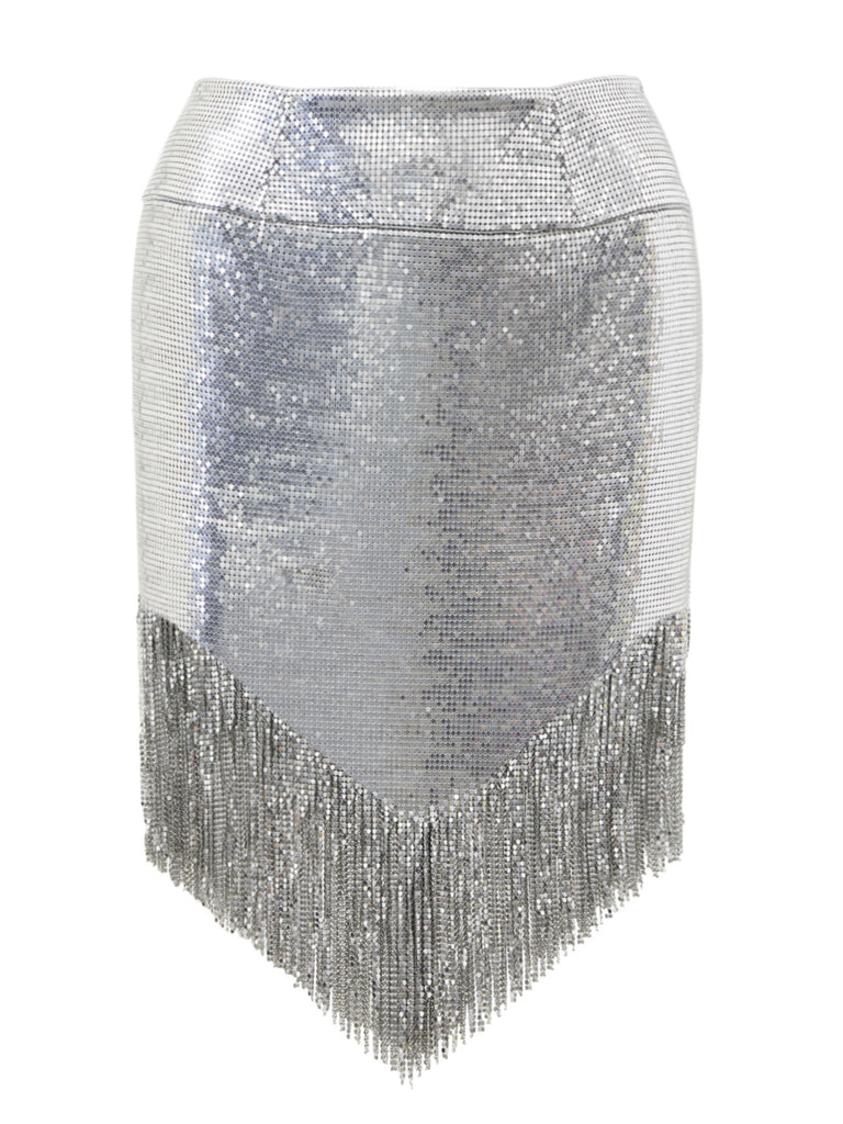 This 2PCS Silver 1980s Sequined Suspender Tassel Top & Skirt brings 1980s soul to her everyday