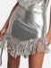 This 2PCS Silver 1980s Sequined Suspender Tassel Top & Skirt brings 1980s soul to her everyday