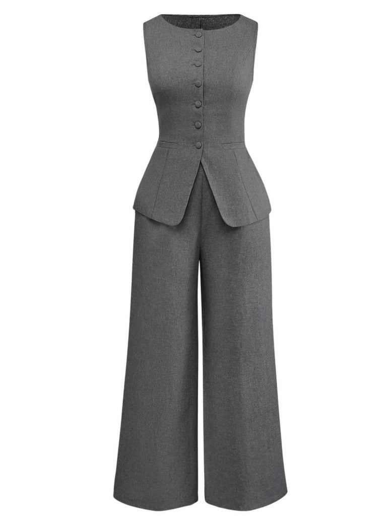 2PCS Solid 1940s Sleeveless Top & Wide-Leg Pants - vintage fashion, retro style