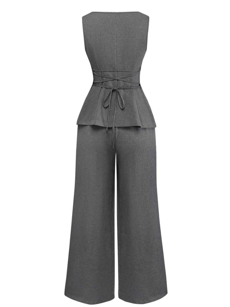 2PCS Solid 1940s Sleeveless Top & Wide-Leg Pants - vintage fashion, retro style