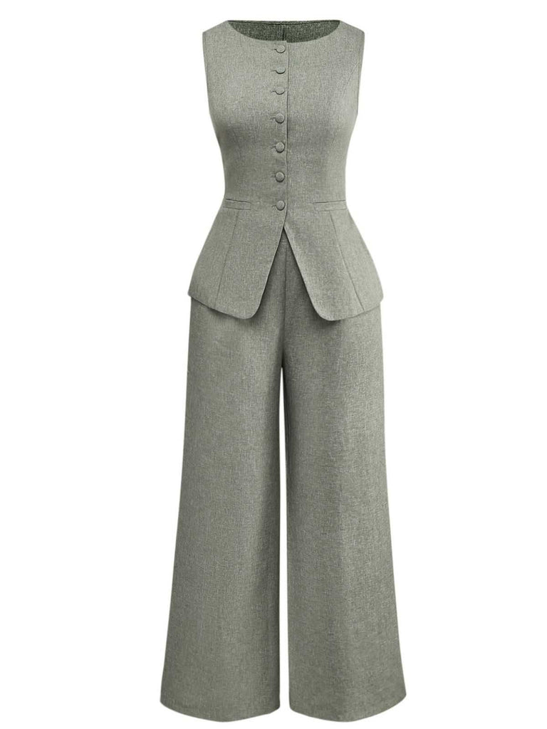 2PCS Solid 1940s Sleeveless Top & Wide-Leg Pants - vintage fashion, retro style