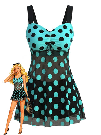 2PCS Turquoise 1980s Polka Dot Mesh Tankini Set - vintage fashion, retro style, classic elegance for vintage lovers