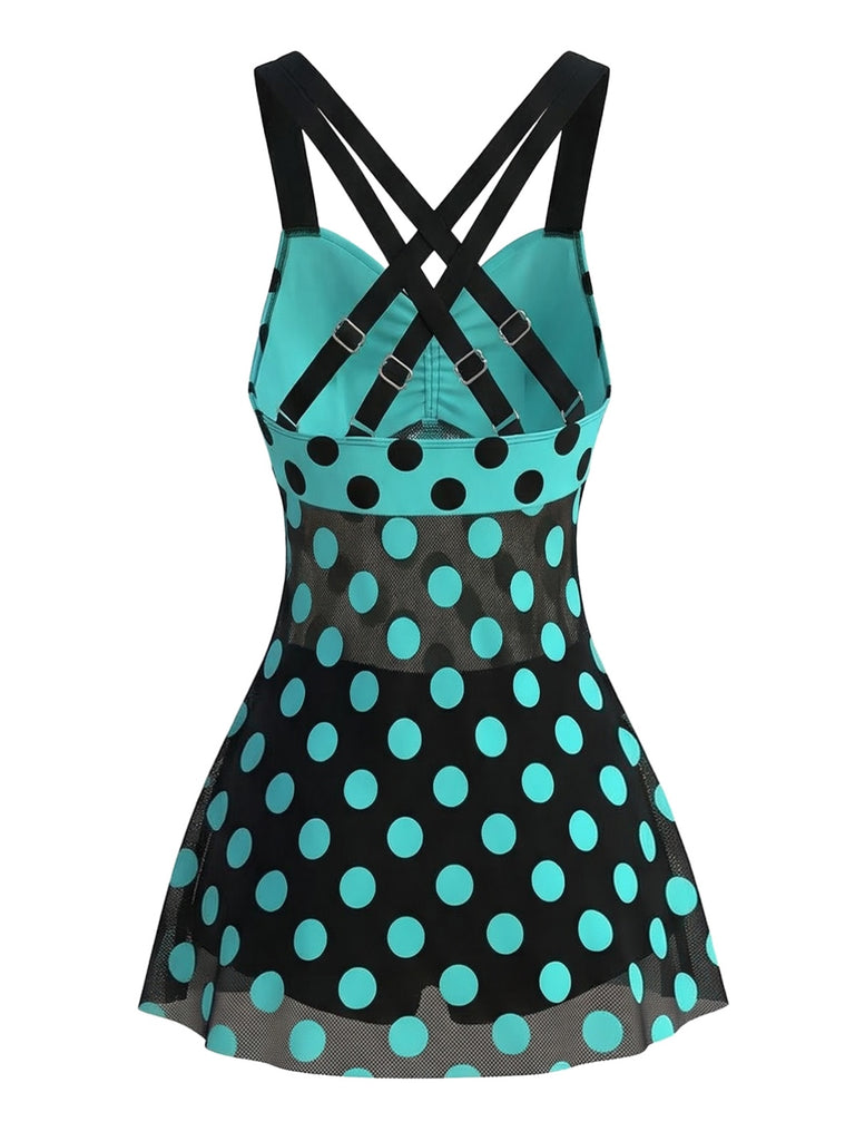 2PCS Turquoise 1980s Polka Dot Mesh Tankini Set | vintage fashion, retro style, classic elegance - perfect for retro fashion enthusiasts