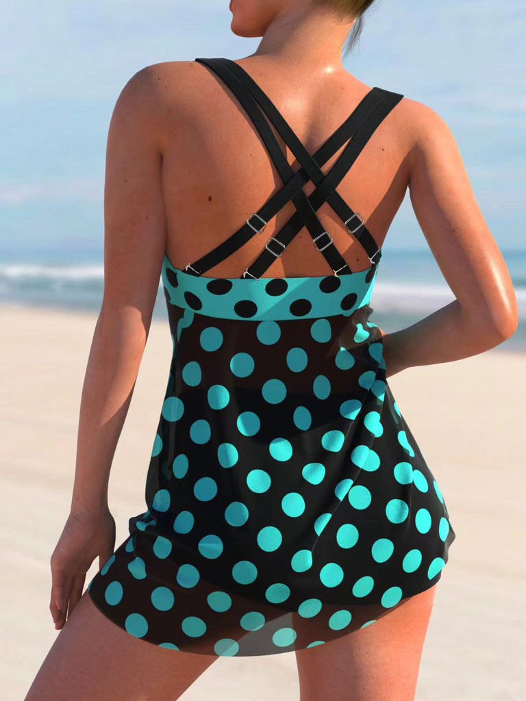 2PCS Turquoise 1980s Polka Dot Mesh Tankini Set: beautiful vintage fashion, retro style, classic elegance with timeless appeal