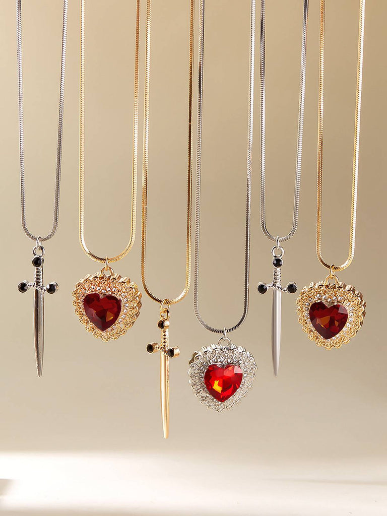 2PCS Vintage Rhinestone Heart-Shaped Ruby & Sword Necklace - vintage fashion, retro style