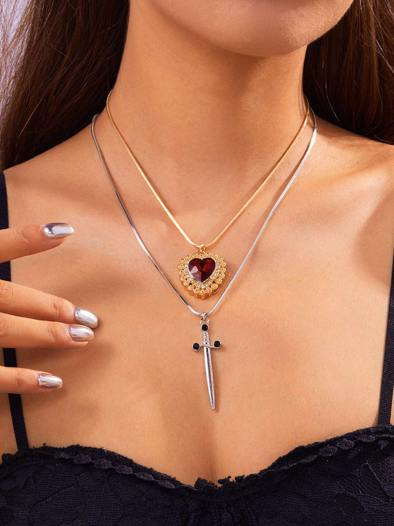 2PCS Vintage Rhinestone Heart-Shaped Ruby & Sword Necklace - vintage fashion, retro style