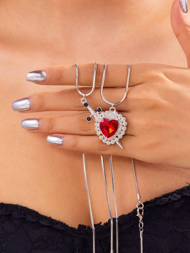 2PCS Vintage Rhinestone Heart-Shaped Ruby & Sword Necklace - vintage fashion, retro style