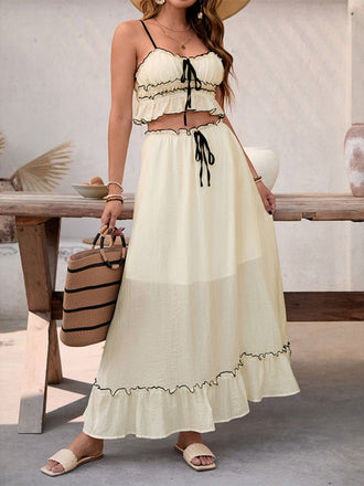 2PCS White 1930s Chiffon Cami & Ruffled Long Skirt - vintage skirt, retro style, pure white
