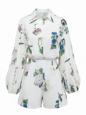 2PCS White 1960s Linen Floral Blouse & Shorts - vintage fashion, retro style, pure white
