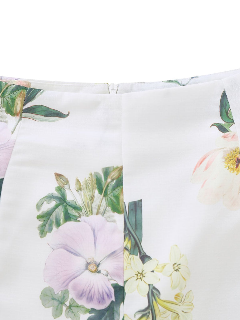 2PCS White 1960s Linen Floral Blouse & Shorts - vintage fashion, retro style, pure white