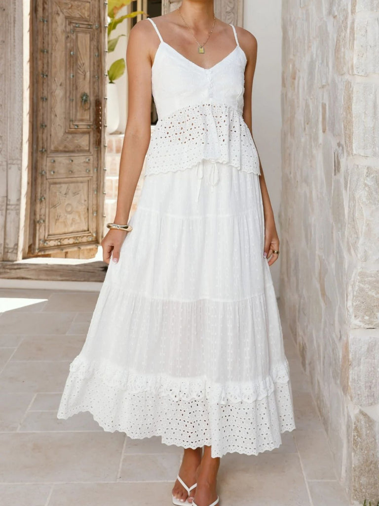 2PCS White 1970s Cotton Bohemian Camisole Top & Lace Skirt - vintage skirt, retro style, swing skirt for vintage lovers