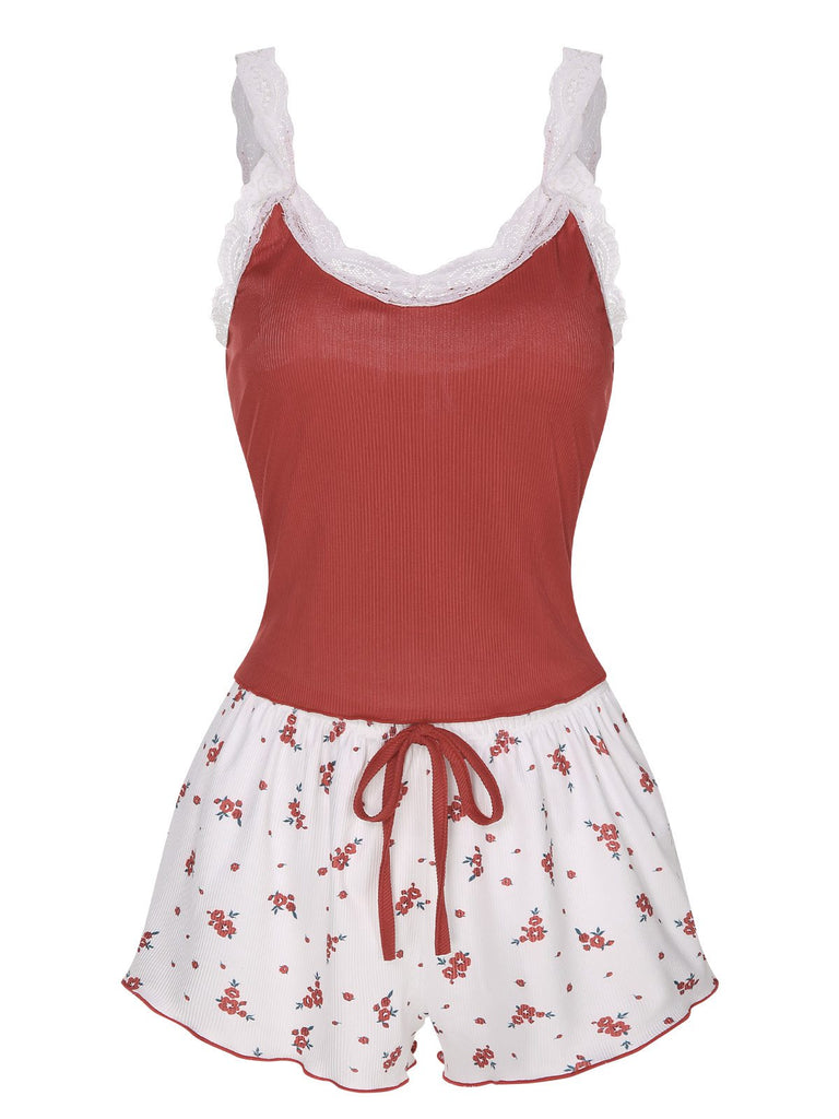2PCS Wine Red 1950s Lace Straps Pajamas, vintage pajamas, retro nightwear - perfect for women who love vintage and retro fashion
