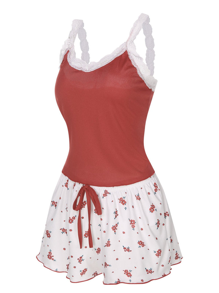 2PCS Wine Red 1950s Lace Straps Pajamas, vintage pajamas, retro nightwear - perfect for women who love vintage and retro fashion
