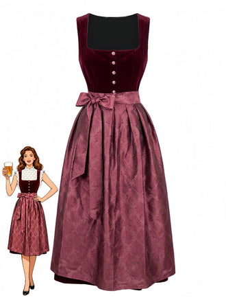Wine Red 1950s Square Neck Dress